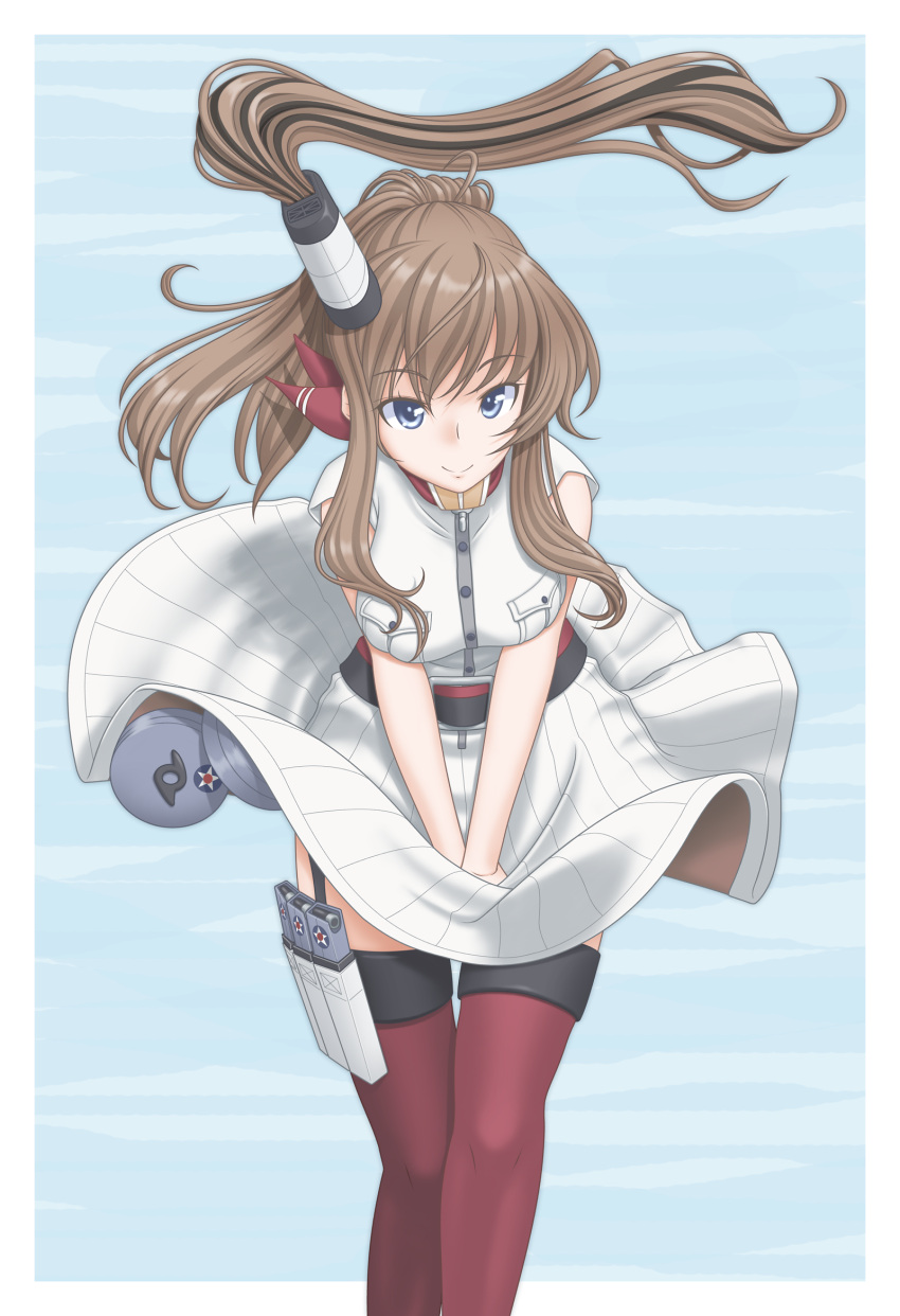 1girl blue_background blue_eyes breast_pocket breasts brown_hair commentary_request cowboy_shot dress dress_tug garter_straps hair_between_eyes hair_over_shoulder highres kantai_collection large_breasts leaning_forward long_hair magazine_(weapon) ponytail red_legwear red_neckerchief saratoga_(kantai_collection) short_sleeves side_ponytail sidelocks skirt skirt_tug smile striped t2r thigh-highs v_arms vertical_stripes white_dress wind wind_lift