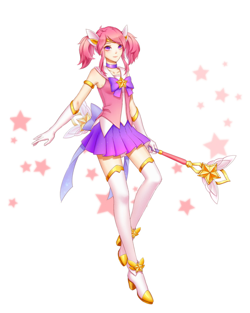1girl alternate_costume armlet boots choker gloves hair_ornament highres kezi league_of_legends looking_at_viewer luxanna_crownguard magical_girl pink_hair short_hair short_twintails skirt solo staff star star_guardian_lux thigh-highs thigh_boots twintails violet_eyes