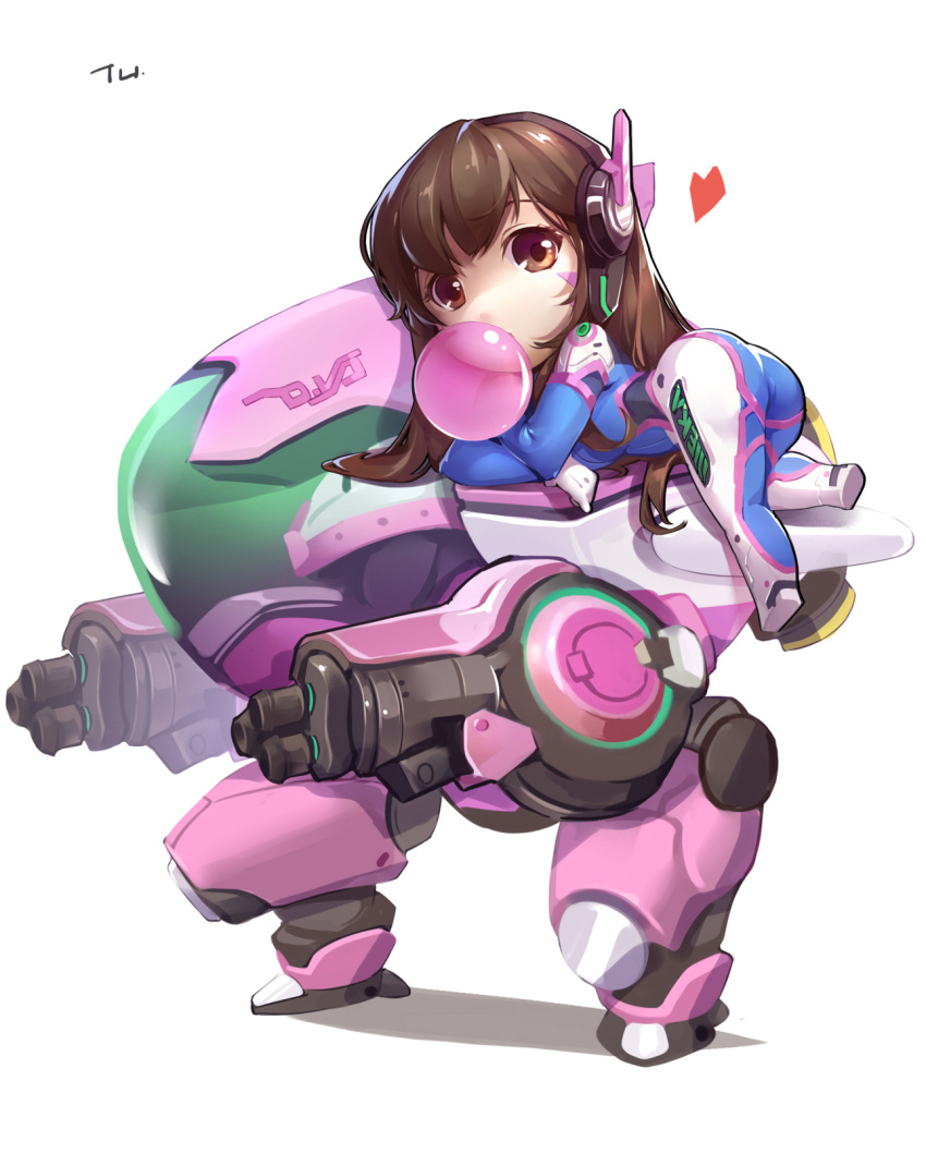 1girl ass bodysuit brown_eyes brown_hair bubble_blowing chibi d.va_(overwatch) gum headphones highres long_hair looking_at_viewer mecha meka_(overwatch) overwatch pilot_suit simple_background solo tracyton whisker_markings white_background