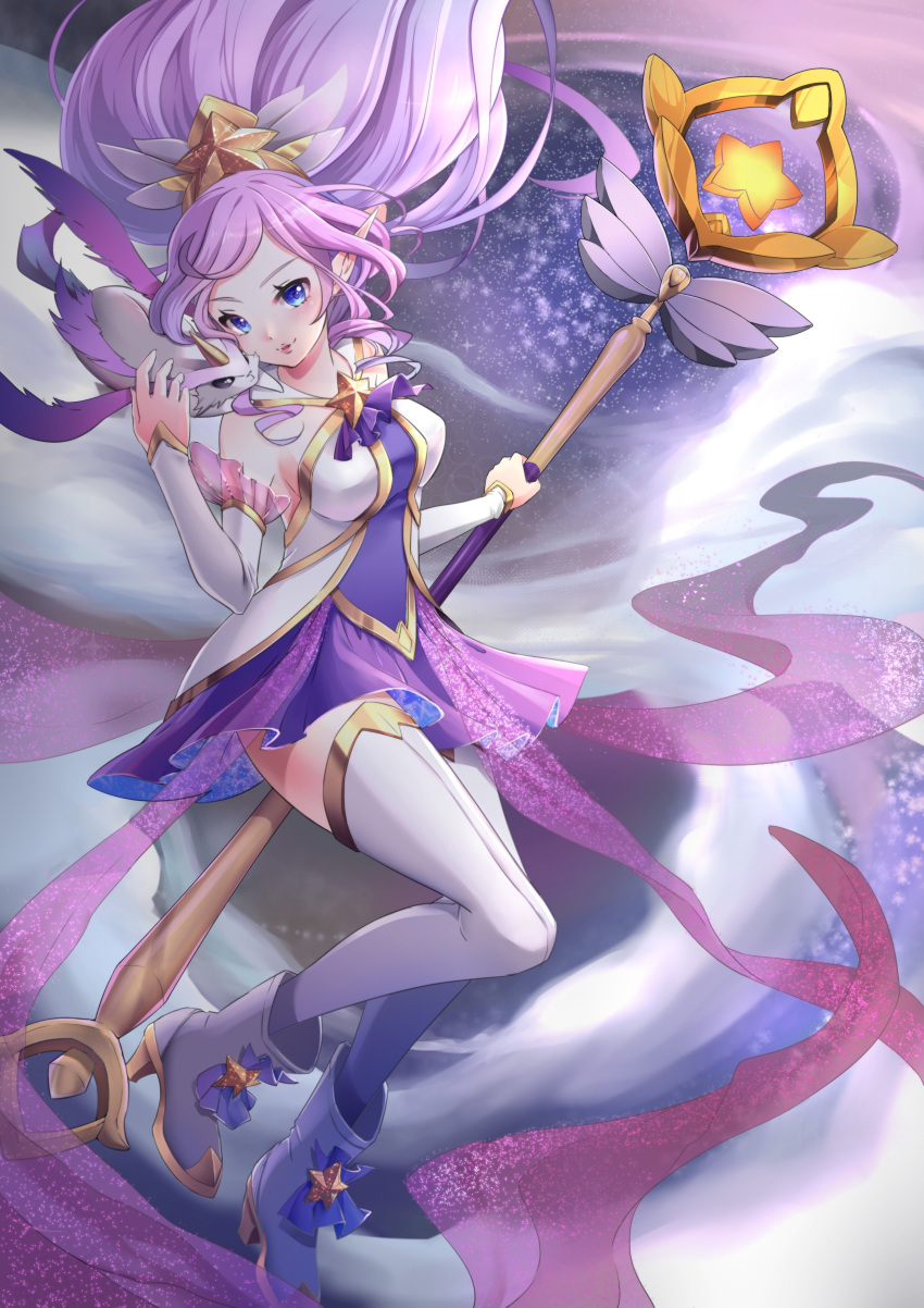 1girl absurdres alternate_costume blue_eyes boots breasts chibi_vanille elbow_gloves floating floating_hair gloves head_tilt highres janna_windforce large_breasts league_of_legends long_hair looking_at_viewer magical_girl pointy_ears ponytail purple_hair solo staff star star_guardian_janna thigh-highs zephyr_(league_of_legends)