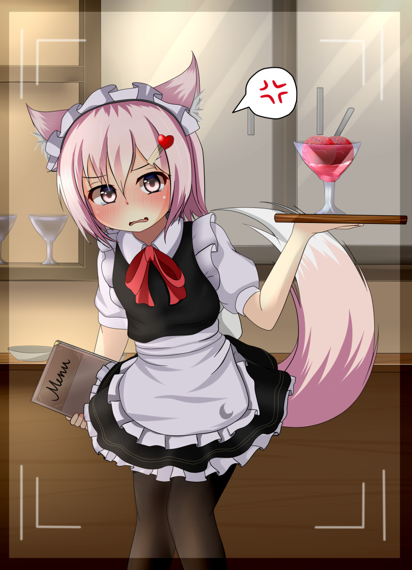 1girl absurdres anger_vein animal_ears apron embarrassed fang food fox_ears fox_tail glass hair_ornament hairclip heart_hair_ornament highres ice_cream maid maid_apron maid_headdress menu michaelangelo_salvoropartanen original pantyhose pink_eyes pink_hair saucer short_hair spoken_anger_vein spoon tail tears