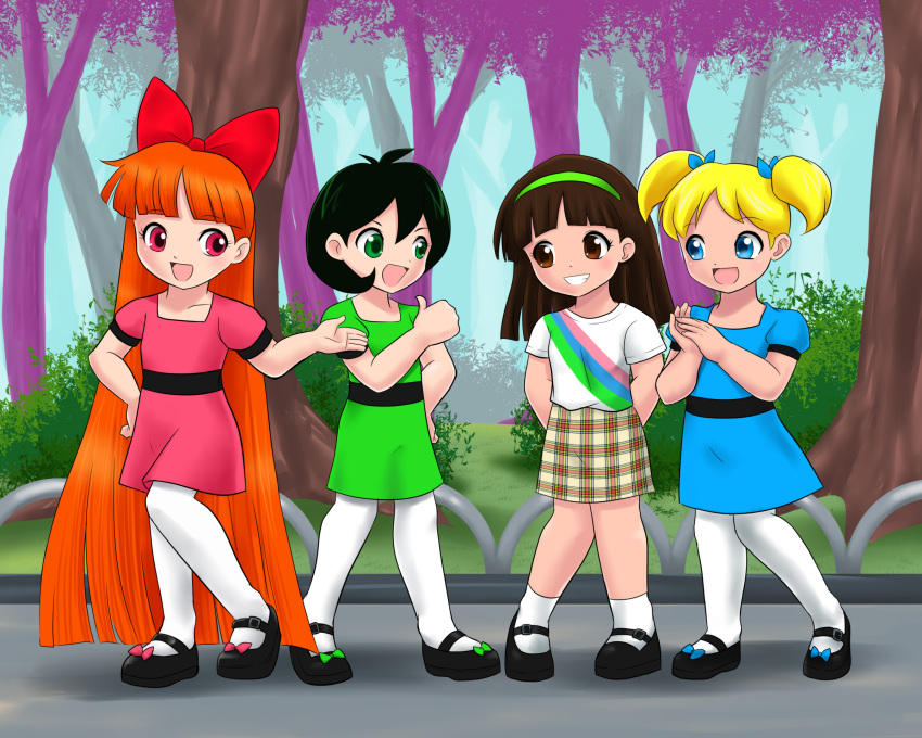 4girls black_hair blonde_hair blossom_(ppg) blue_eyes brown_eyes brown_hair bubbles_(ppg) buttercup_(ppg) child dress green_eyes hair_bow hairband highres j8d mary_janes multiple_girls outside pink_eyes plaid ponytail powerpuff_girls redhead robyn_snyder sash skirt socks stockings t-shirt tartan twintails