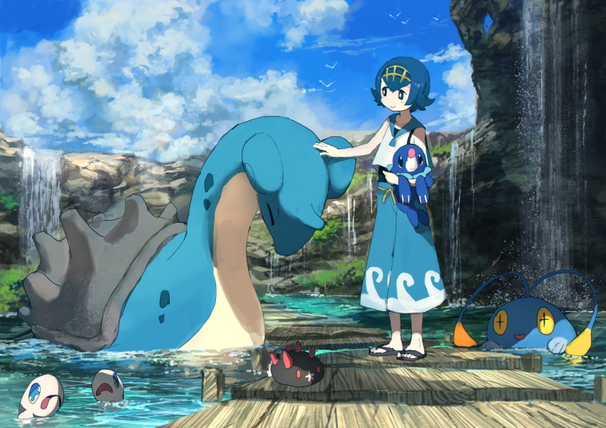 +_+ 1girl baggy_pants bare_arms bare_shoulders bird blue_eyes blue_hair blue_pants blue_sky blush bridge capri_pants carrying chinchou closed_mouth clouds cloudy_sky crop_top crop_top_overhang day flipped_hair hairband lake lapras looking_at_another looking_at_viewer outdoors outstretched_hand pants petting pippi_(pixiv_1922055) plant pokemon pokemon_(creature) pokemon_(game) pokemon_sm popplio pyukumuku sailor_collar sandals shade short_hair sky smile standing suiren_(pokemon) trial_captain water waterfall wishiwashi