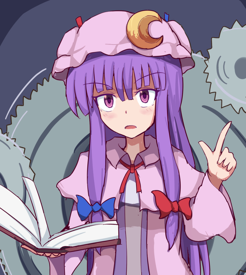 1girl blush book bow bun_cover capelet crescent crescent_hair_ornament d:&lt; double_bun dress gears hair_bow hair_ornament hat highres holding holding_book index_finger_raised long_hair looking_at_viewer mob_cap nikori patchouli_knowledge purple_hair solo striped striped_dress touhou very_long_hair violet_eyes