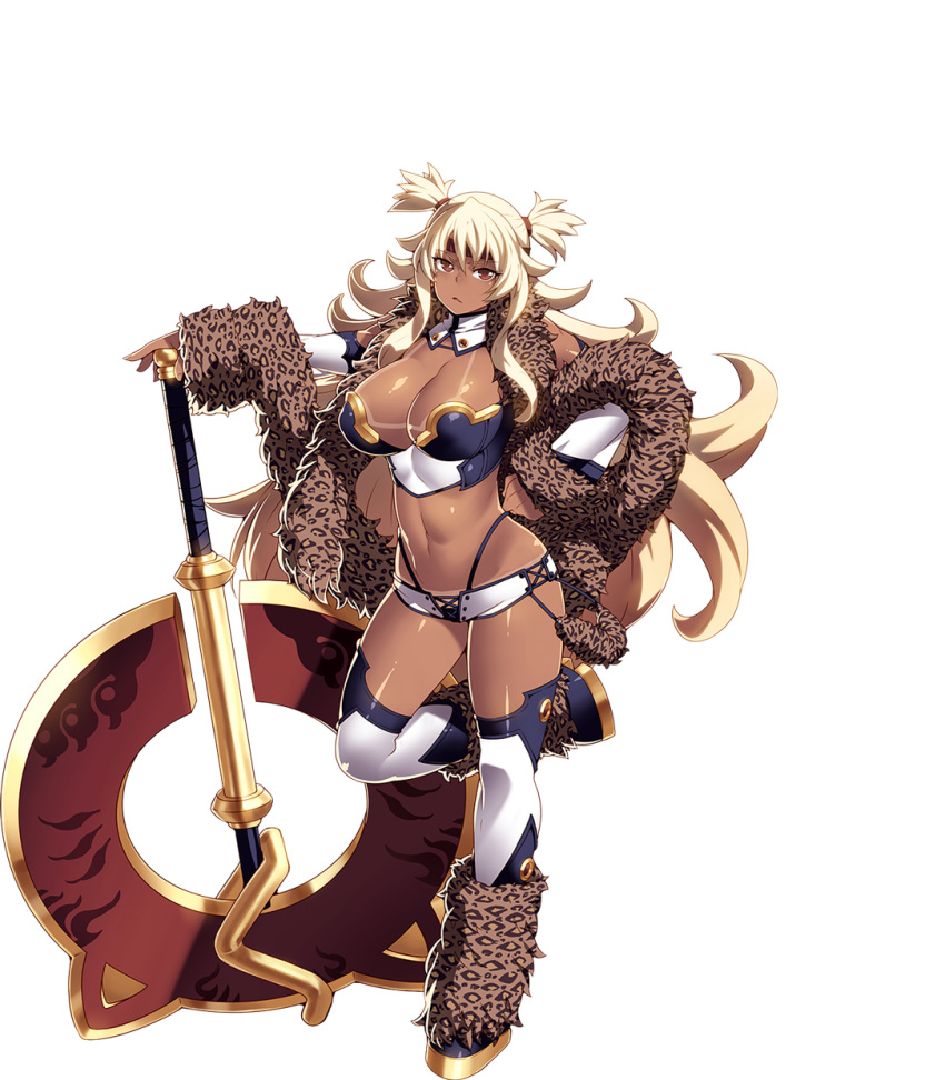 1girl amanda_(sennen_sensou_aigis) armor bikini_armor blonde_hair boots breasts detached_collar full_body highres holding_axe huge_weapon large_breasts leg_up long_hair looking_at_viewer navel red_eyes sennen_sensou_aigis short_shorts shorts solo tan tanline tasaka_shinnosuke thigh-highs thigh_boots transparent_background two_side_up weapon