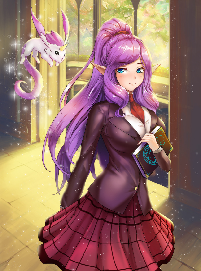 1girl alternate_costume between_breasts blak_at blue_eyes blush book breasts familiar glitter highres horn janna_windforce large_breasts league_of_legends long_hair looking_at_viewer necktie pointy_ears ponytail purple_hair school_uniform skirt solo sparkle star_guardian_janna zephyr_(league_of_legends)