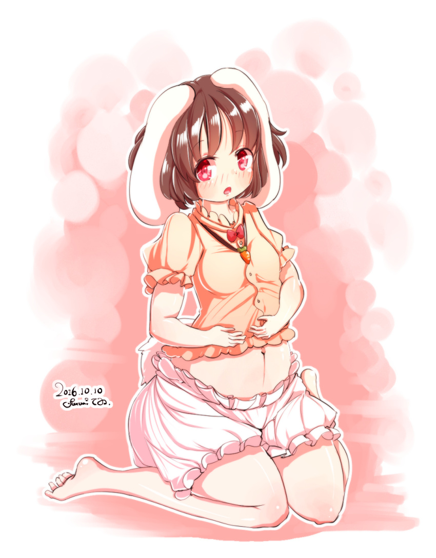 1girl :o animal_ears barefoot belly belly_rub bloomers blush bow bowtie breasts brown_hair carrot_necklace floppy_ears furim highres inaba_tewi looking_at_viewer navel no_nose no_pants plump rabbit_ears red_eyes short_hair sitting small_breasts solo toes touhou undersized_clothes underwear wariza