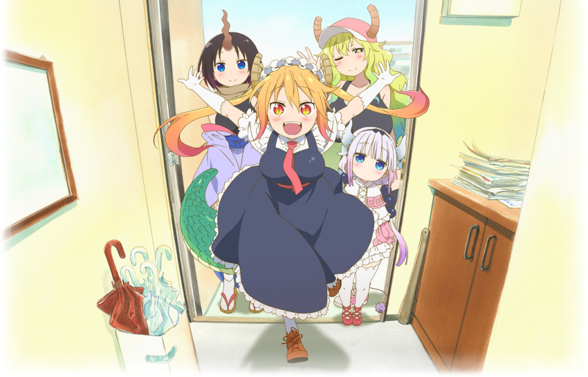 4girls black_bow blonde_hair blue_eyes blush bow breasts brown_hair brown_shoes cabinet canna_(maidragon) closed_umbrella doorway dragon_girl dragon_tail elma_(maidragon) frills gloves gradient_hair hair_bow hat head_tilt highres horn horns huge_breasts japanese_clothes kadowaki_miku key_visual kobayashi-san_chi_no_maidragon large_breasts lecore looking_at_viewer maid maid_headdress multicolored_hair multiple_girls necktie official_art one_eye_closed open_mouth pink_hat purple_hair red_necktie red_shoes rukoa running sandals shoes skirt slit_pupils smile sneakers standing tail tank_top thigh-highs tooru_(maidragon) twintails umbrella wallpaper white_hair white_legwear yellow_eyes