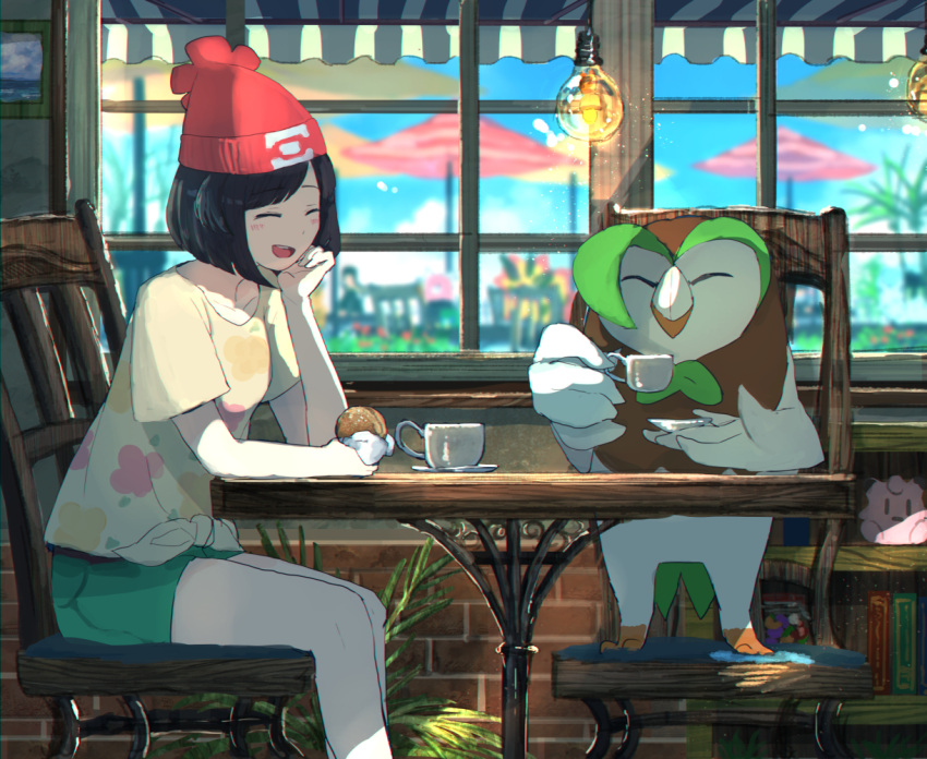1girl :d ^_^ awning bangs bare_arms beach_umbrella beanie bench bewear black_hair blue_sky blurry book bookshelf breasts brick_wall chair character_doll clefairy closed_eyes clouds cup dartrix day depth_of_field female_protagonist_(pokemon_sm) floral_print food frame fur_trim hand_on_own_cheek hat head_rest holding holding_cup holding_plate indoors jar light_bulb light_particles open_mouth photo_(object) pippi_(pixiv_1922055) plant plate pokemon pokemon_(creature) pokemon_(game) pokemon_sm red_hat restaurant saucer shirt short_hair short_shorts shorts sitting sky small_breasts smile standing striped stuffed_toy swept_bangs teacup tied_shirt umbrella wall wide_sleeves window wooden_table