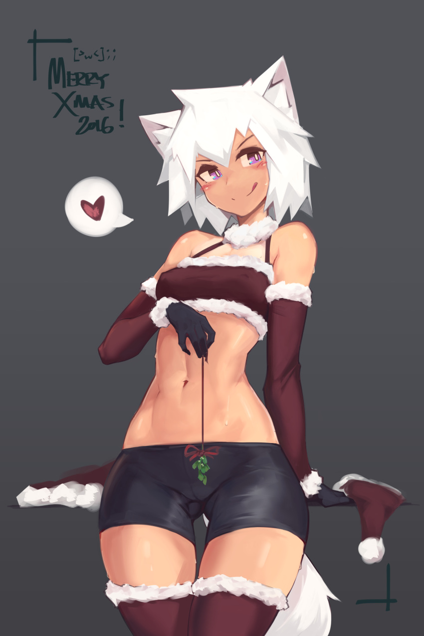 1girl :p absurdres animal_ears bike_shorts blush christmas deel_(rkeg) elbow_gloves erect_nipples gloves heart highres mistletoe original simple_background solo spoken_heart tail thigh-highs tongue tongue_out