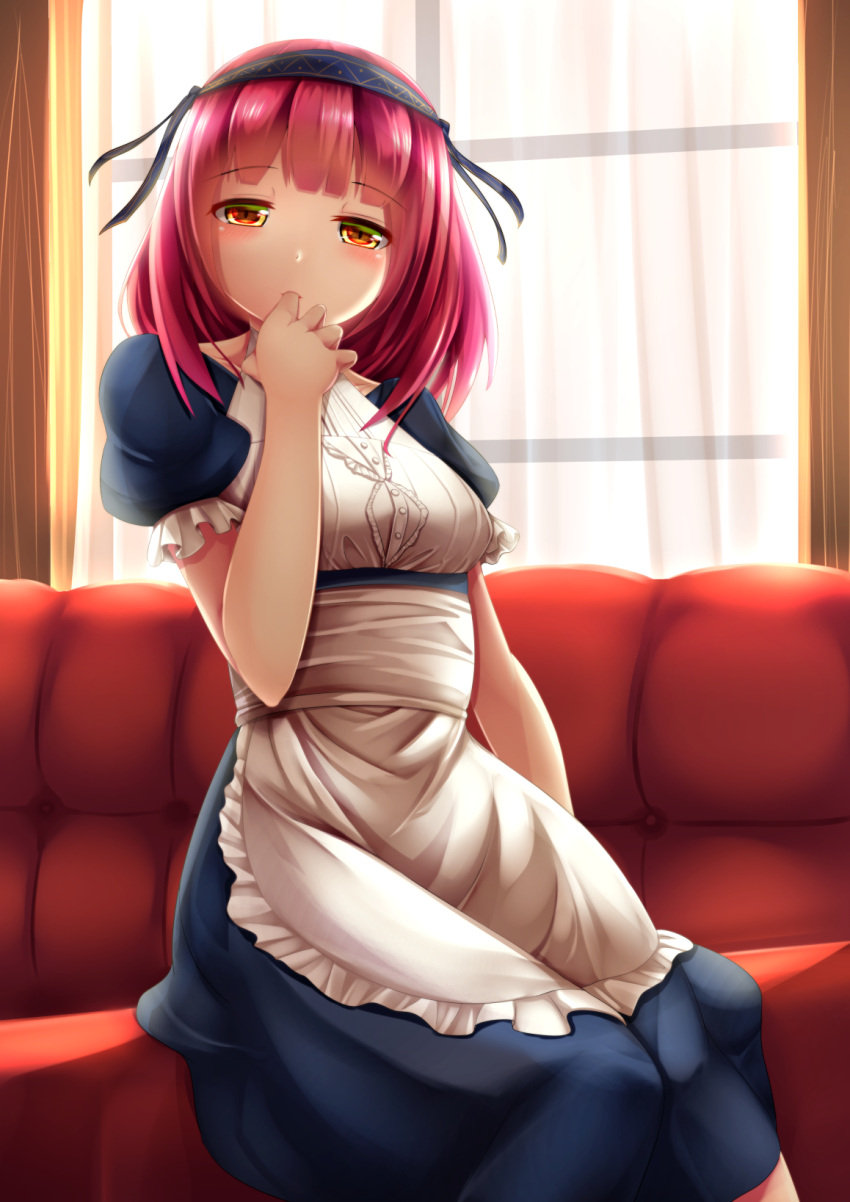1girl apron come_hither couch curtains finger_in_mouth half-closed_eyes headdress highres indoors kirimori_toya knees_together looking_at_viewer maid original pink_hair puffy_short_sleeves puffy_sleeves red_eyes short_hair short_sleeves sitting solo window
