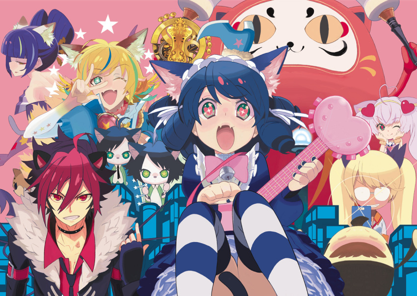 4girls 6+boys ;) animal_ears arisugawa_maple bell black_hair black_necktie blonde_hair bow cat_ears cat_tail cellphone choker crow_(show_by_rock!!) curly_hair cyan_(show_by_rock!!) daru_dayu daruma_doll diffraction_spikes dog_tail drill_hair fan fangs fur_trim furry glasses green_eyes grin guitar hair_ornament hair_ribbon hairband headphones headphones_around_neck heart heart-shaped_pupils heart_hair_ornament index_finger_raised instrument japanese_clothes kai_(show_by_rock!!) kimono leopard lolita_fashion lolita_hairband long_hair multicolored_hair multiple_boys multiple_girls necktie off_shoulder one_eye_closed opaque_glasses open_mouth paw_pose petticoat phone pink_background pink_hair purple_hair red_eyes red_necktie retoree ribbon riku_(show_by_rock!!) rom_(show_by_rock!!) rosia_(show_by_rock!!) short_hair show_by_rock!! shu_zo_(show_by_rock!!) simple_background sitting smartphone smile star star-shaped_pupils strawberry_heart streaked_hair striped striped_legwear symbol-shaped_pupils tail thigh-highs twintails v very_long_hair yellow_eyes yuuki_(irodo_rhythm)