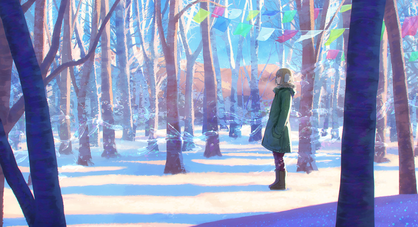 1girl bare_tree coat female fish forest hands_in_pockets hiko_(scape) hill light_brown_hair light_particles magic morning nature original outdoors plant profile scenery shadow short_hair sky snow solo tree winter_clothes