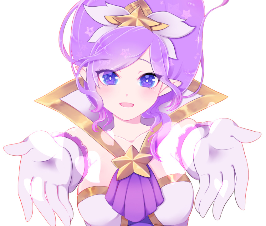 1girl alternate_costume blue_eyes blush elbow_gloves gloves hair_ornament janna_windforce kuro-mu league_of_legends long_hair magical_girl open_mouth outstretched_arms pointy_ears purple_hair solo star star_guardian_janna