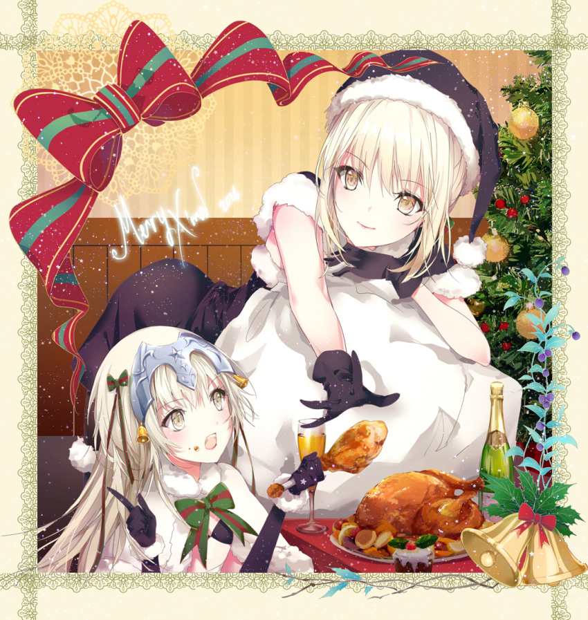 2016 2girls alcohol bangs bauble bell black_gloves black_legwear black_santa_costume blonde_hair bottle capelet champagne champagne_bottle chicken_(food) christmas_ornaments christmas_tree commentary eating elbow_gloves eyebrows_visible_through_hair fate/grand_order fate_(series) food food_on_face frame fur_trim glass gloves green_ribbon hair_between_eyes hair_ribbon hat headpiece holding holding_food indoors jeanne_alter jeanne_alter_(santa_lily)_(fate) kinokohime_(mican02rl) leaning_on_object long_hair looking_at_another merry_christmas mistletoe multiple_girls open_mouth pantyhose pointing pointing_up red_ribbon ribbon ruler_(fate/apocrypha) saber saber_alter sack santa_alter santa_costume santa_hat short_hair_with_long_locks smile striped striped_ribbon teeth yellow_eyes