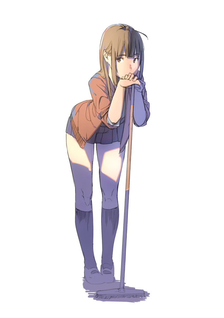 1girl absurdres bangs black_legwear black_skirt broom brown_eyes brown_hair covered_mouth eyebrows_visible_through_hair feet_together highres kneehighs leaning_forward leaning_on_broom leaning_on_object legs loafers long_hair looking_at_viewer original ouchikaeru own_hands_together pleated_skirt shade shadow shoes simple_background sketch skirt sleeves_rolled_up solo standing straight_hair sweater thighs white_background