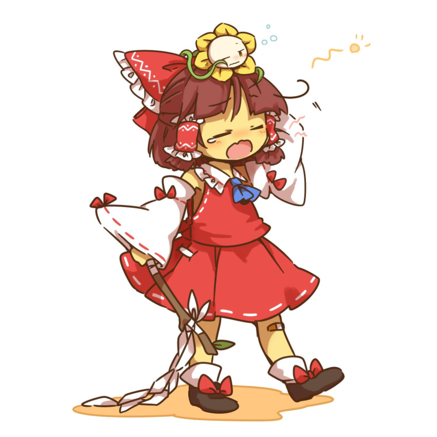 ascot bandaid bandaid_on_knee blush bow brown_hair closed_eyes cosplay detached_sleeves flowey_(undertale) frisk_(undertale) gohei hair_bow hair_tubes hakurei_reimu hakurei_reimu_(cosplay) highres iiwake japanese_clothes miko on_head one_eye_closed open_mouth ribbon-trimmed_sleeves ribbon_trim rubbing_eyes short_hair simple_background skirt skirt_set teardrop touhou undertale white_background wide_sleeves yawning