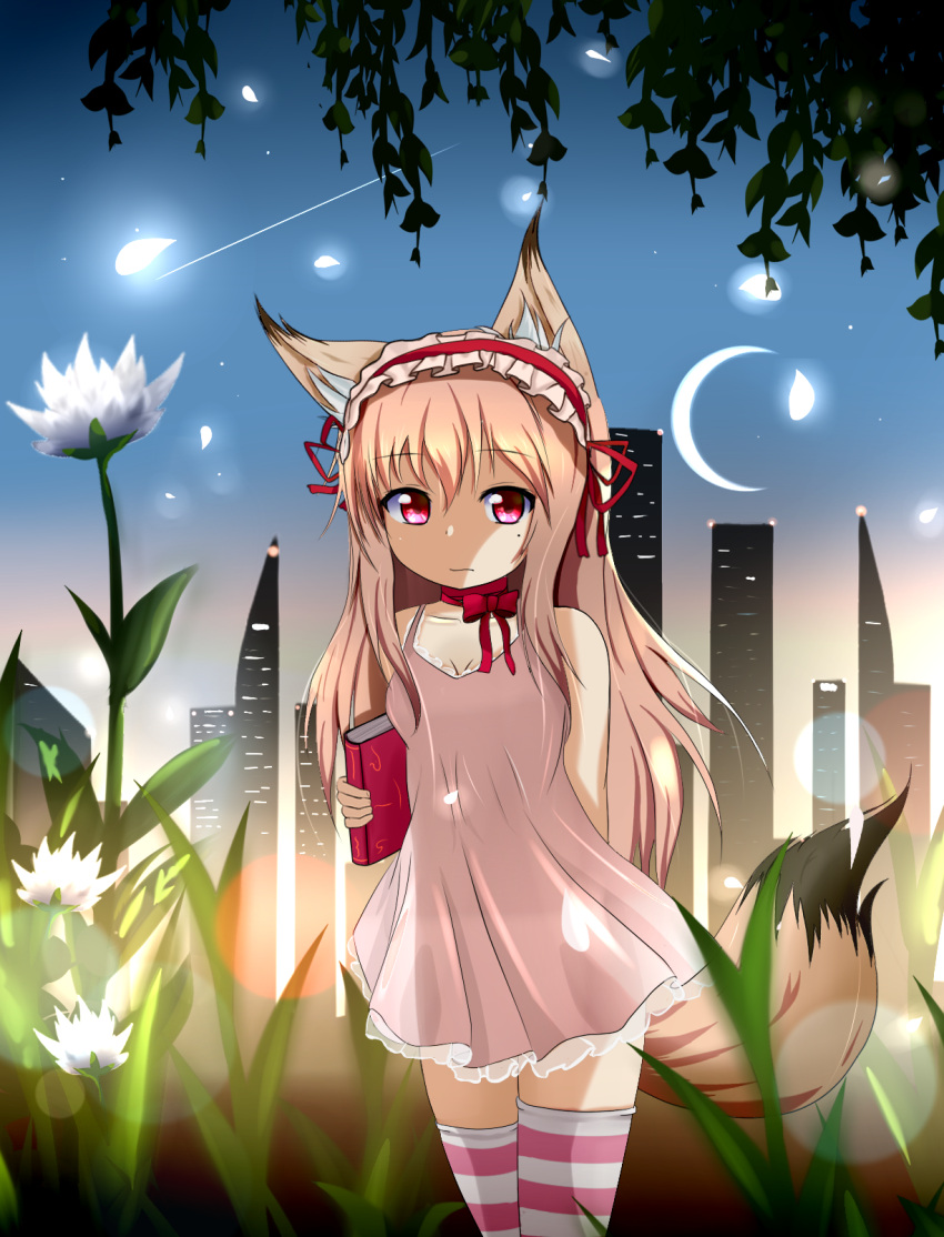 1girl animal_ears blonde_hair book breasts cityscape cleavage crescent_moon dress fox_ears fox_tail frilled_dress frills hairband highres holding holding_book long_hair michaelangelo_salvoropartanen moon night original red_eyes short_dress sleeveless sleeveless_dress tail