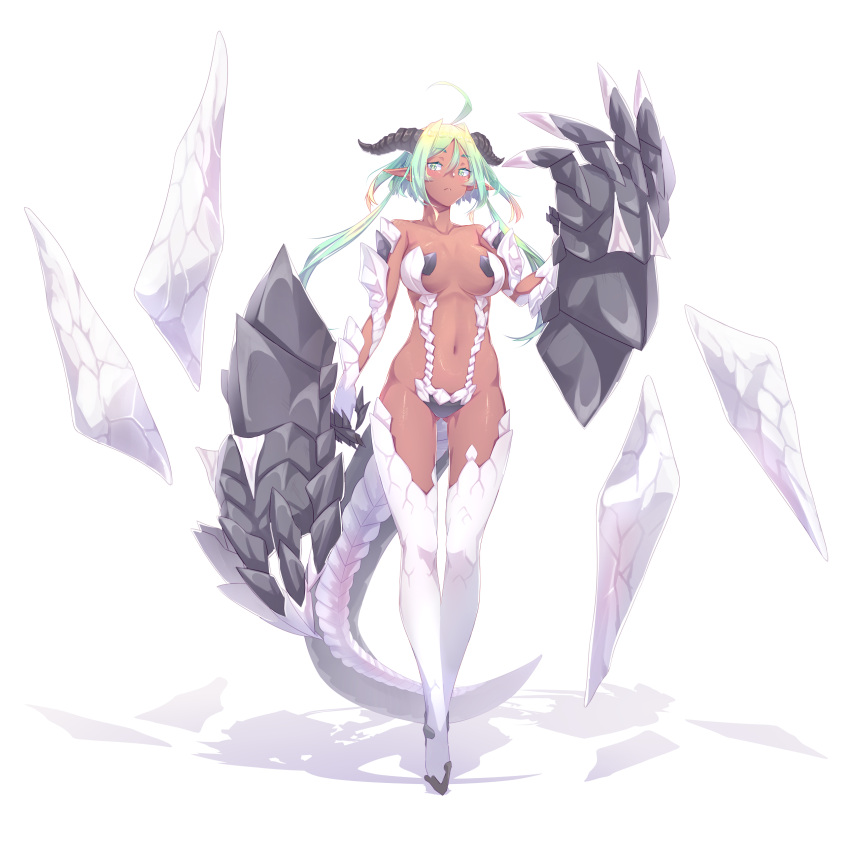 1girl absurdres ahoge armor bangs boots breasts collarbone dark_skin dev dragon_horns dragon_tail eyebrows_visible_through_hair frown full_body gradient_hair green_eyes green_hair hair_between_eyes highres horns large_breasts long_hair looking_at_viewer matching_hair/eyes monster_girl multicolored_hair navel original pointy_ears revealing_clothes shadow shiny shiny_skin simple_background solo standing stomach tail thigh-highs thigh_boots white_background
