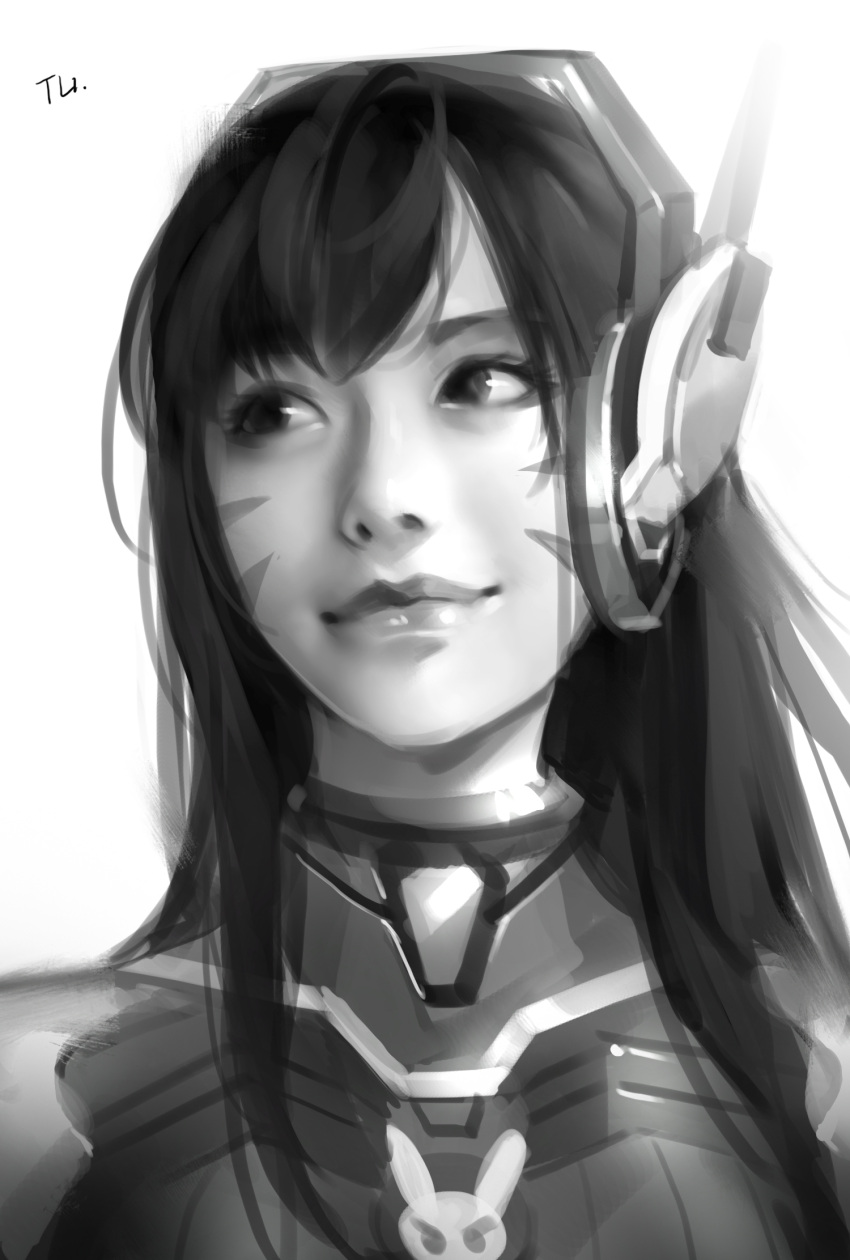 artist_name asian d.va_(overwatch) greyscale headphones highres light_smile lips long_hair looking_to_the_side monochrome overwatch portrait realistic simple_background sketch tracyton whisker_markings white_background