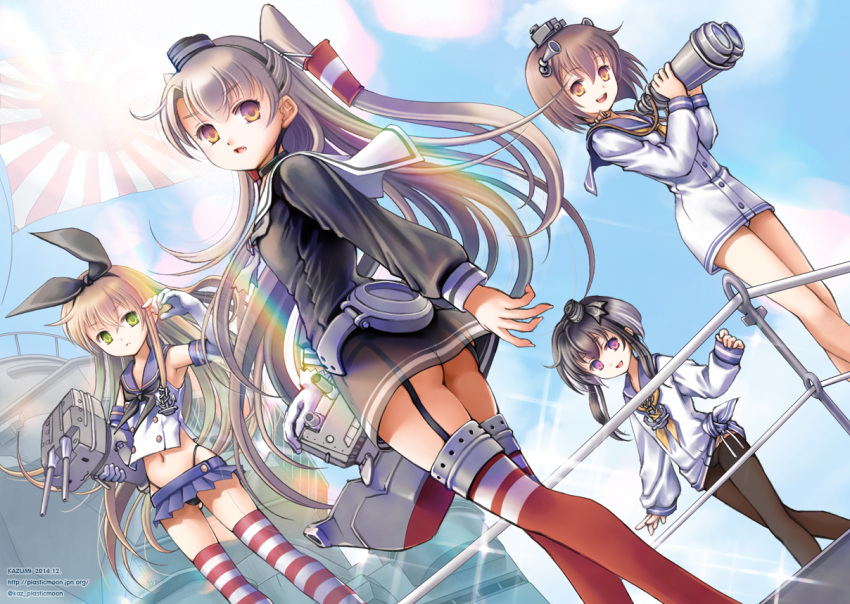 2014 4girls :d amatsukaze_(kantai_collection) anchor_hair_ornament artist_name ass binoculars black_dress black_hair black_legwear black_panties black_ribbon blonde_hair blue_skirt brown_eyes brown_hair clouds crop_top dated day dress dutch_angle elbow_gloves fang flag gloves gluteal_fold green_eyes hair_ornament hair_ribbon hair_tubes half_updo highleg highleg_panties holding kantai_collection long_hair looking_at_viewer looking_back microskirt multicolored_hair multiple_girls navel neckerchief number open_mouth outdoors panties pantyhose pantyshot pantyshot_(standing) parted_lips plastic_moon red_legwear rensouhou-chan rensouhou-kun ribbon sailor_collar sailor_dress see-through shimakaze_(kantai_collection) shirt single_glove skirt sky sleeveless sleeveless_shirt sleeves_past_wrists smile sparkle standing striped striped_legwear thigh-highs tied_dress tokitsukaze_(kantai_collection) twitter_username two-tone_hair two_side_up underwear very_long_hair violet_eyes watermark web_address white_gloves white_hair white_panties white_shirt yukikaze_(kantai_collection)