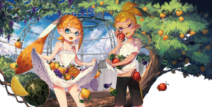 1boy 1girl 4th :d bangs bare_arms bare_shoulders belly_peek black_shorts blonde_hair blue_eyes blue_sky blunt_bangs blurry breasts cable cowboy_shot day depth_of_field dome dress dress_lift dropping eating eggplant fangs food food_request frilled_dress frills fruit glint grapes greenhouse ground hair_ribbon highres holding inkling lamp leaf legs_apart long_hair looking_at_viewer navel net no_bra open_mouth orange_hair plant pointy_ears ribbon road_sign see-through shade shirt shirt_hold shirt_lift short_dress short_sleeves shorts sign single_vertical_stripe skirt_basket skirt_hold sky sleeveless sleeveless_dress small_breasts smile spaghetti_strap splatoon standing sundress sweat t-shirt tentacle_hair topknot translated transparent tree tree_shade twintails vegetable vines violet_eyes watermelon wet wet_clothes wet_dress white_dress wind_turbine windmill yellow_tongue