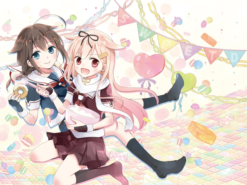 &gt;:d 2girls :&gt; :d ahoge artist_request blonde_hair blue_eyes bowl braid brown_hair cover cover_page cream cream_on_face doughnut doujin_cover fang fingerless_gloves food food_on_face gloves gradient_hair hair_flaps hair_ornament hair_ribbon hairclip highres kantai_collection multicolored_hair multiple_girls necktie open_mouth pleated_skirt red_eyes remodel_(kantai_collection) ribbon scarf school_uniform serafuku shigure_(kantai_collection) single_braid skirt smile whisk white_scarf yuudachi_(kantai_collection)