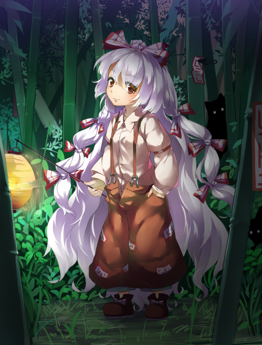 1girl absurdly_long_hair ankle_boots armband bamboo bamboo_forest boots creature dress_shirt fingernails forest fujiwara_no_mokou full_body glowing glowing_eyes grass hair_ribbon hand_in_pocket head_tilt highres kunai lantern leaf long_hair long_sleeves looking_at_viewer nature night ofuda open_pants outdoors pants paper_lantern piyodesu red_eyes ribbon shirt smile solo standing suspenders touhou very_long_hair weapon white_hair