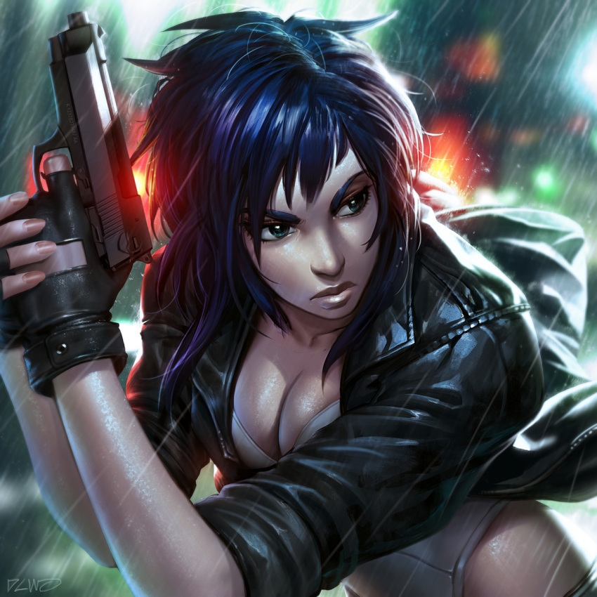 1girl bangs black_gloves black_jacket blue_eyes blurry blurry_background bokeh breasts brown_nails cleavage closed_mouth collarbone dcwj depth_of_field eyelashes eyeliner finger_on_trigger fingerless_gloves fingernails ghost_in_the_shell ghost_in_the_shell_stand_alone_complex gloves green_eyes gun handgun hands_up highleg highleg_leotard highres holding holding_gun holding_weapon impossible_clothes impossible_leotard jacket kusanagi_motoko large_breasts leotard lips long_fingernails looking_to_the_side makeup nose open_clothes open_jacket pocket purple_hair rain serious short_hair short_hair_with_long_locks short_sleeves sidelocks signature skin_tight sleeves_rolled_up solo standing strapless strapless_leotard thigh-highs two-handed upper_body weapon wet wet_clothes white_leotard
