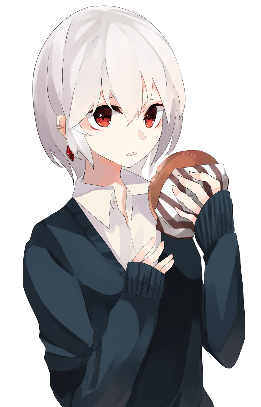 1girl absurdres bread earrings food highres jewelry looking_at_viewer ogami_ren original parted_lips red_eyes short_hair simple_background sleeves_past_wrists solo white_background white_hair