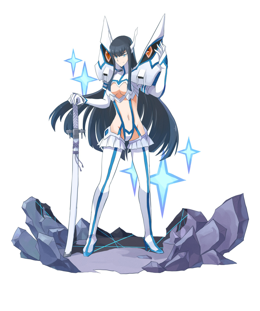 1girl artist_request black_hair blue_eyes boots breasts cleavage_cutout full_body highres junketsu kill_la_kill kiryuuin_satsuki long_hair medium_breasts navel planted_sword planted_weapon revealing_clothes sheath sheathed smile solo sparkle sword thick_eyebrows thigh-highs thigh_boots weapon