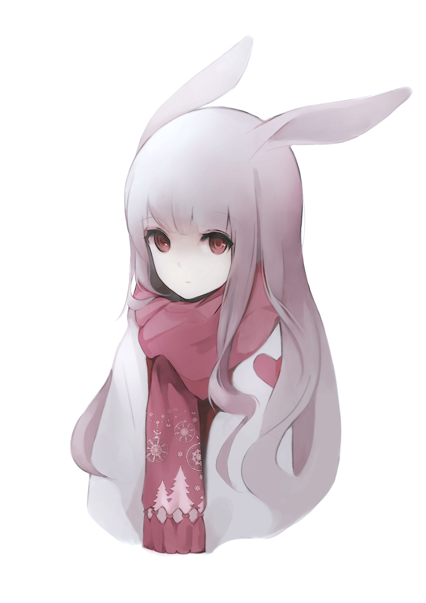 1girl animal_ears expressionless eyebrows_visible_through_hair fringe grey_hair gyup91 highres long_hair looking_at_viewer original rabbit_ears red_eyes simple_background snowflake_print solo upper_body white_background