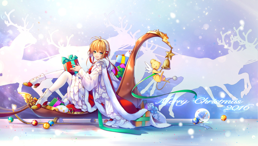 1girl 2016 :d \||/ ankle_boots ball bangs blonde_hair blurry boots bow box cane cape card_captor_sakura christmas christmas_ornaments dress english eyebrows_visible_through_hair flying from_side gift gift_box green_eyes green_ribbon hairband high_heel_boots high_heels highres holding kero kingchenxi kinomoto_sakura knees_up leg_up long_sleeves looking_at_viewer merry_christmas open_mouth puffy_long_sleeves puffy_sleeves red_bow red_cape red_ribbon reindeer ribbon sack short_hair silhouette sitting sleigh smile snow_globe snowing star tower white_boots white_bow white_dress white_legwear