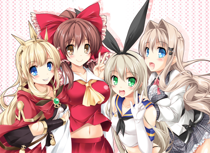 4girls :&gt; :d ascot bangs blush bow bowtie breasts brooch cagliostro_(granblue_fantasy) cape cat_hair_ornament closed_mouth collarbone cowboy_shot crop_top crossover elbow_gloves frilled_skirt frills gloves granblue_fantasy grin hair_bow hair_intakes hair_ornament hair_tubes hairband hakurei_reimu half_updo japanese_clothes jewelry kamiya_tomoe kantai_collection large_breasts long_hair looking_at_viewer medium_breasts miko multiple_girls navel neckerchief open_mouth original red_bow red_bowtie sailor_collar school_uniform shimakaze_(kantai_collection) sidelocks skirt skirt_set small_breasts smile touhou upper_body v vambraces white_gloves