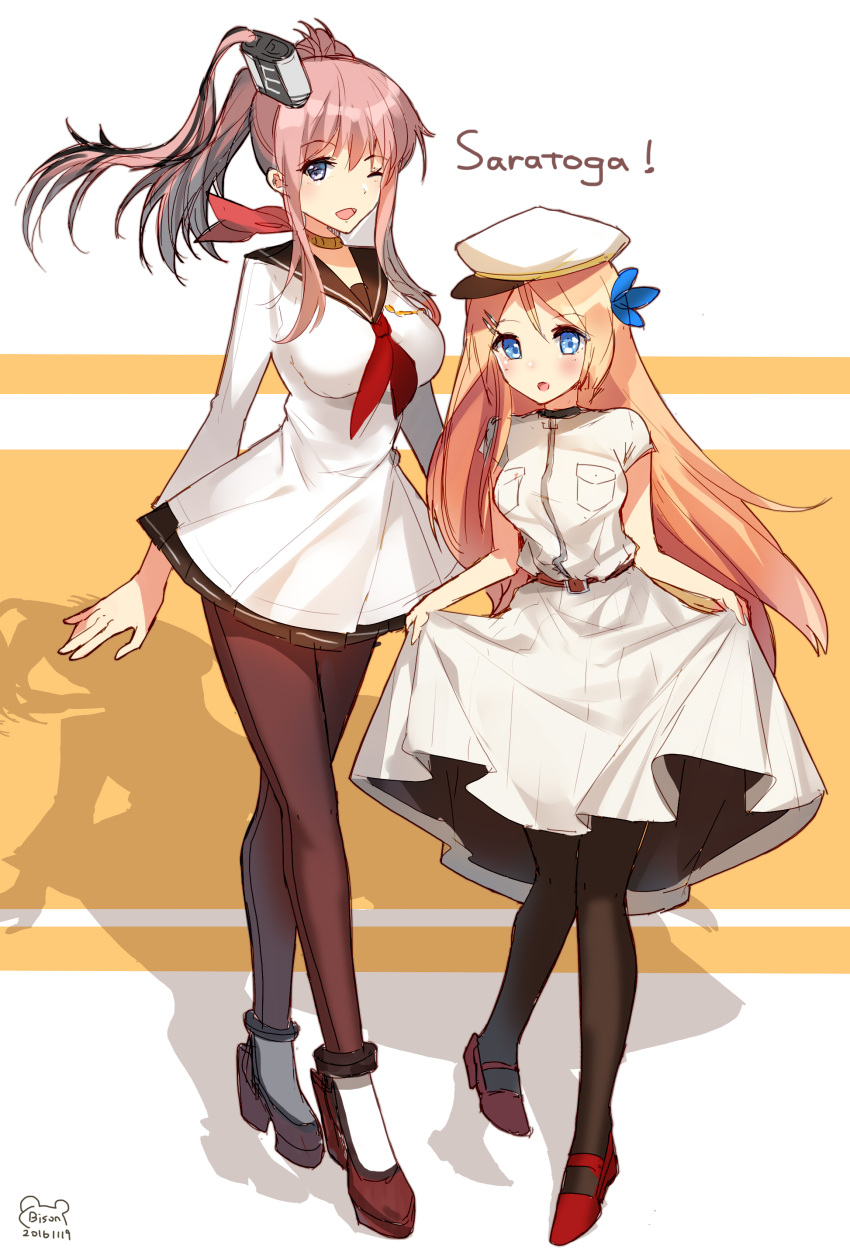2girls ;d absurdres alternate_costume ascot bison_cangshu black_legwear blonde_hair blue_eyes breast_pocket breasts brown_hair character_name choker cosplay costume_switch crossover curtsey dated dress dress_lift grey_eyes grey_eyes hair_ornament hairclip height_difference highres kantai_collection large_breasts legs_crossed long_hair mary_janes multiple_girls namesake one_eye_closed open_mouth pantyhose pleated_skirt ponytail red_neckerchief red_shoes revision sailor_dress saratoga_(kantai_collection) saratoga_(kantai_collection)_(cosplay) saratoga_(zhan_jian_shao_nyu) saratoga_(zhan_jian_shao_nyu)_(cosplay) school_uniform seamed_legwear serafuku shadow shoes side-seamed_legwear signature sketch skirt smile standing watson_cross weibo_username white_dress zhan_jian_shao_nyu