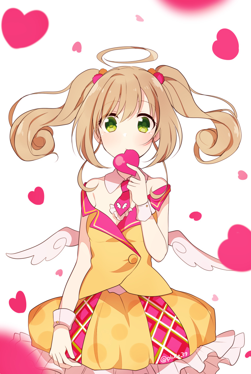 1girl ahoge angel_wings bare_shoulders biting blonde_hair blush breasts cleavage detached_collar frills green_eyes hair_ornament hand_to_own_mouth heart highres holding holding_heart idolmaster idolmaster_cinderella_girls light_brown_hair long_hair looking_at_viewer minamiya_mia mouth_hold necktie off_shoulder pom_pom_(clothes) satou_shin simple_background skirt solo strap_slip twintails wings wrist_cuffs