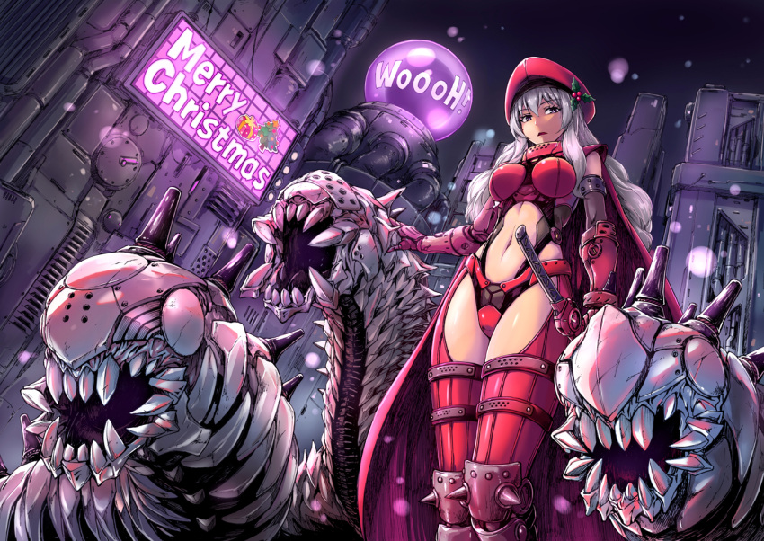 ! 1girl armor armored_boots bangs boots box breasts building cable cape christmas christmas_tree d: english eyebrows_visible_through_hair eyelashes fish.boy from_below gauntlets gift gift_box hair_ornament hat long_hair looking_at_viewer medium_breasts merry_christmas monster navel night night_sky open_mouth original outdoors peaked_cap red_cape red_hat red_legwear simple_background sky snowing sphere spikes stomach sword weapon white_hair