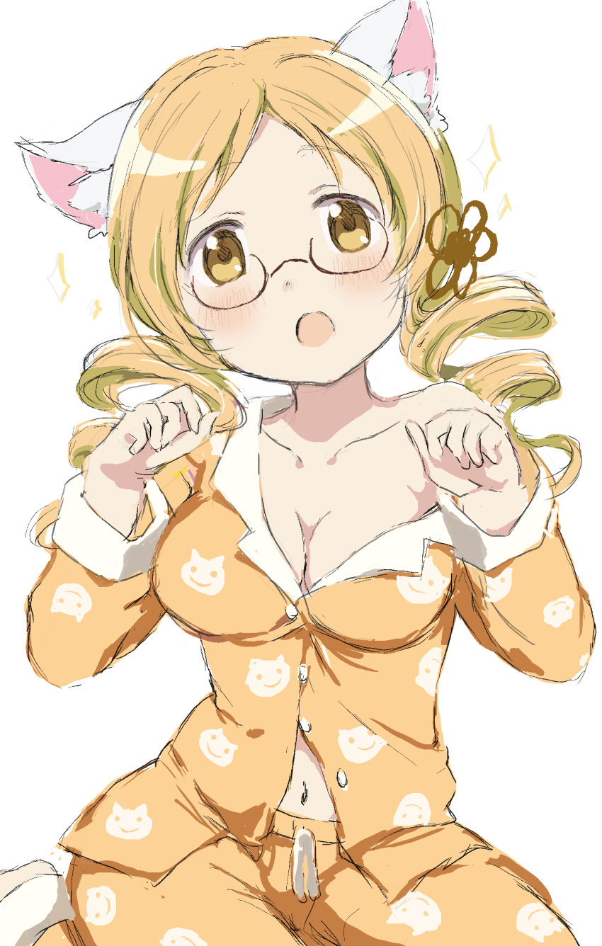 animal_ears animal_print artist_request blonde_hair blush breasts buttons cat_ears cat_print cleavage company_connection cosplay curly_hair drill_hair glasses hair_ornament hanekawa_tsubasa hanekawa_tsubasa_(cosplay) highres large_breasts long_hair mahou_shoujo_madoka_magica monogatari_(series) navel pajamas paw_pose shaft sparkle tomoe_mami twintails yellow_eyes