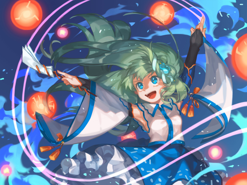 1girl armpits blue_background blue_eyes blue_skirt bridal_gauntlets collared_shirt danmaku detached_sleeves frilled_skirt frills frog_hair_ornament gohei green_hair hair_ornament highres kochiya_sanae long_hair open_mouth outstretched_arms shaded_face shirt skirt smile snake_hair_ornament solo tassel touhou upper_body white_shirt wide_sleeves yai_(hachihito)