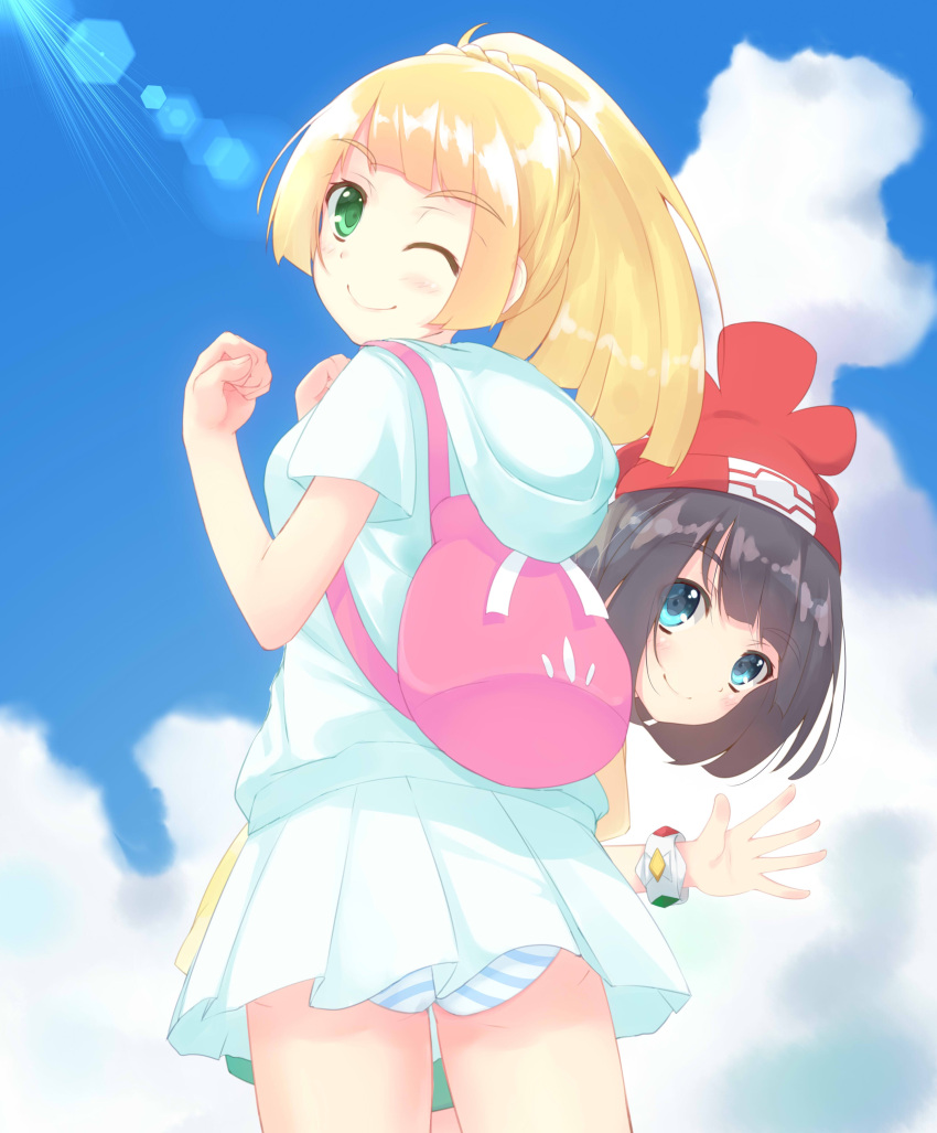 2girls ;) absurdres artist_request ass bag bangs beanie black_hair blonde_hair blue_eyes blue_sky blunt_bangs blush clouds cloudy_sky eyebrows_visible_through_hair female_protagonist_(pokemon_sm) green_eyes hat highres hood legs lillie_(pokemon) looking_at_viewer looking_back miniskirt multiple_girls one_eye_closed panties pokemon pokemon_(game) pokemon_sm ponytail red_hat school_uniform shirt short_hair short_sleeves skirt sky smile striped striped_panties sunlight underwear waving winking z-ring