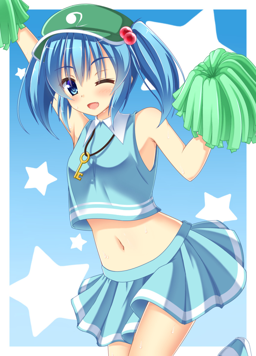 1girl ;d adapted_costume arm_up armpits bare_shoulders blue_eyes blue_hair blue_shoes blue_skirt blush breasts cheerleader cowboy_shot crop_top fang flat_cap hair_bobbles hair_ornament hat highres houkiboshi kawashiro_nitori key looking_at_viewer matching_hair/eyes navel one_eye_closed open_mouth pom_poms shirt shoes skirt skirt_set sleeveless sleeveless_shirt small_breasts smile solo star starry_background stomach touhou twintails