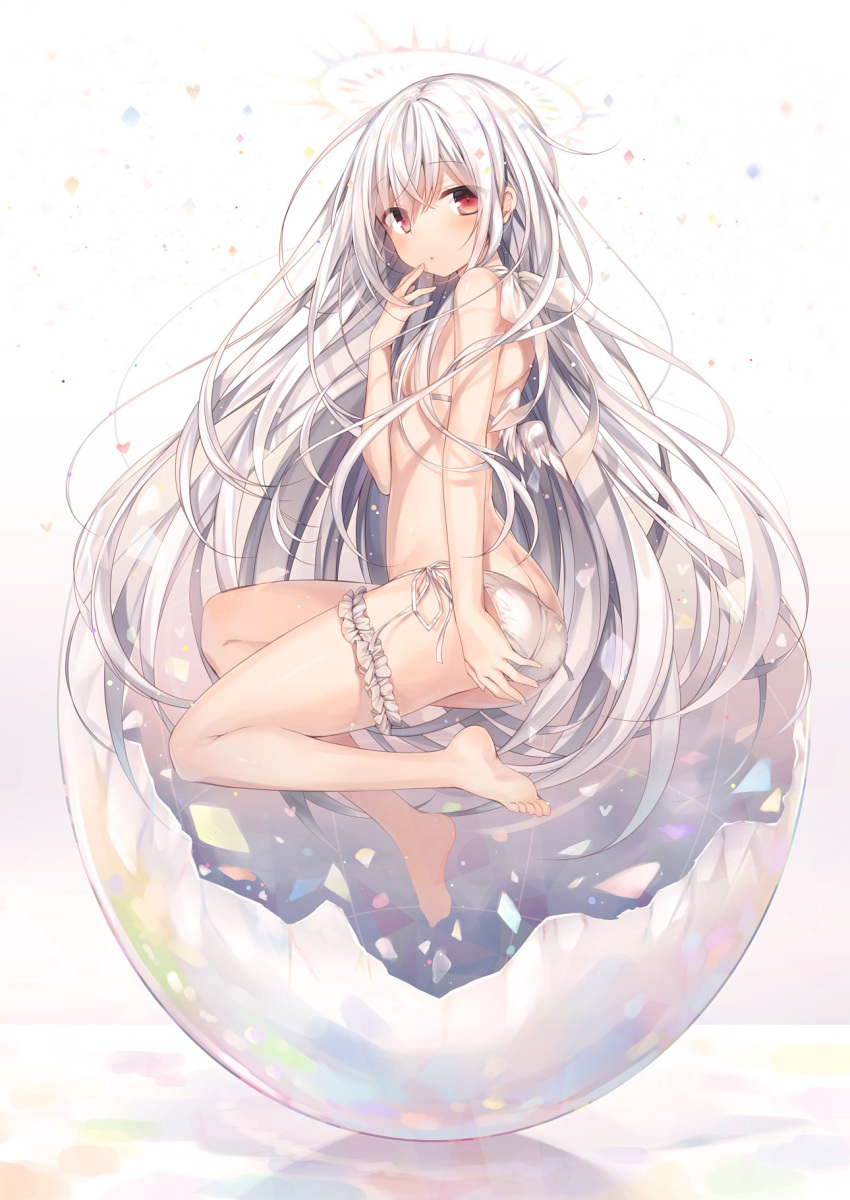 1girl albino angel angel_wings ass bangs barefoot bikini blush breasts butt_crack eggshell eyebrows_visible_through_hair feathered_wings finger_to_cheek floating floating_hair frills from_side full_body hair_between_eyes halo halter_top halterneck hand_up heart highres knees_up komeshiro_kasu legs long_hair looking_at_viewer mini_wings original red_eyes side-tie_bikini silver_hair small_breasts soles solo swimsuit thigh_strap thighs very_long_hair white_bikini wings