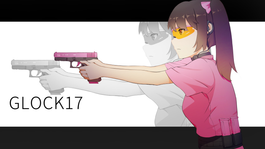 1girl absurdres aiming baliu brown_hair ear_protection glasses glock gun hair_ribbon handgun highres holding holding_gun holding_weapon letterboxed looking_afar magazine_(weapon) original pink_ribbon pink_shirt pistol purple_hair ribbon shirt short_hair side_ponytail solo trigger_discipline upper_body weapon