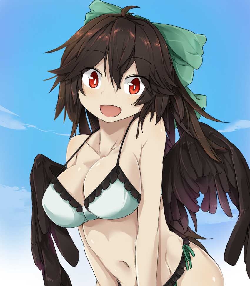 1girl :d bare_arms bare_shoulders bikini bikini_day black_wings blue_sky breasts brown_hair cleavage clouds collarbone commentary_request day eyebrows_visible_through_hair feathered_wings green_bikini groin hair_between_eyes highres large_breasts long_hair looking_at_viewer navel open_mouth red_eyes reiuji_utsuho sky smile solo stomach swimsuit touhou tyouseki upper_body wings