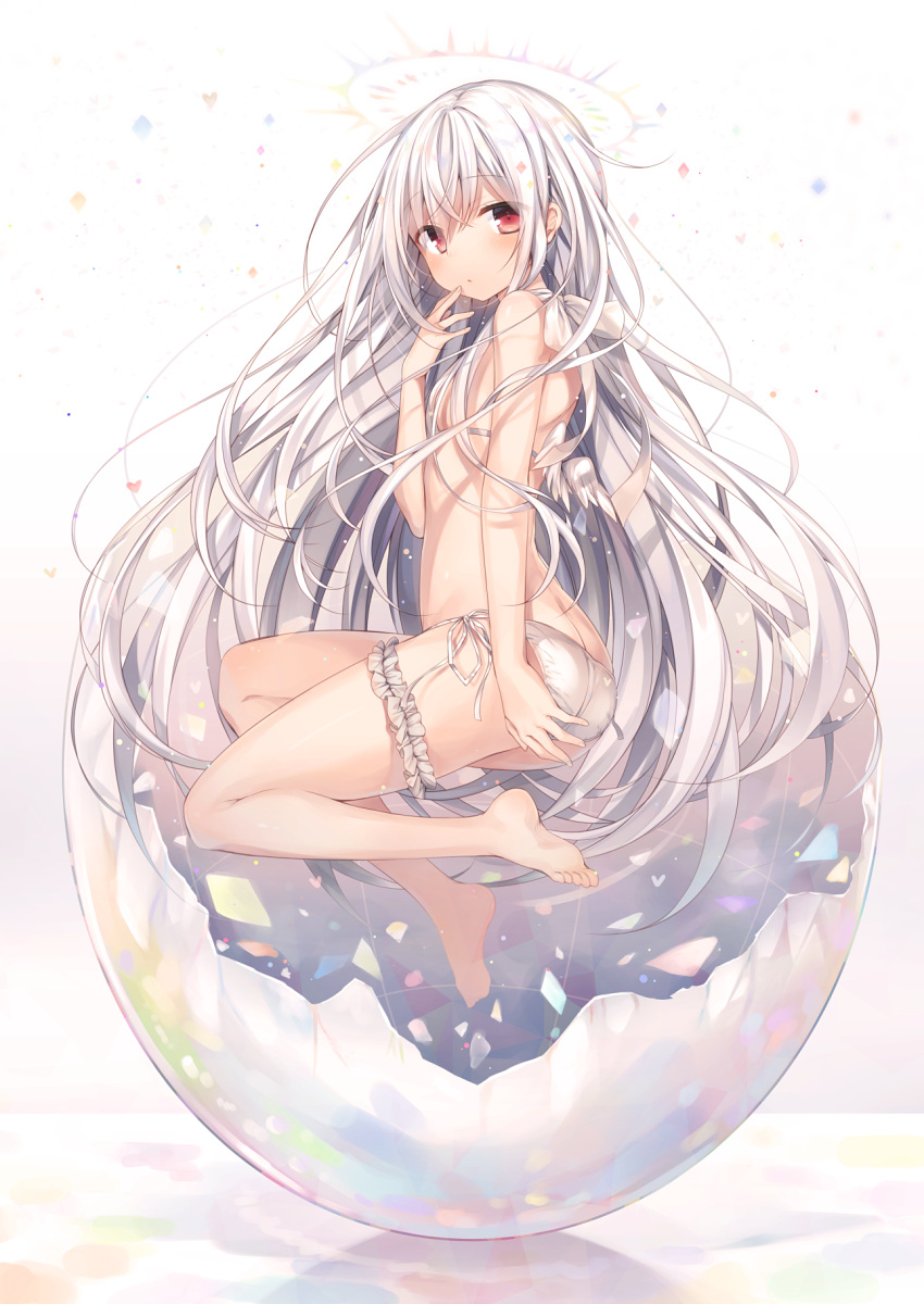 1girl albino angel angel_wings ass bangs bare_legs barefoot bikini blush breasts butt_crack eggshell eyebrows_visible_through_hair feathered_wings finger_to_cheek floating floating_hair frills from_side full_body hair_between_eyes halo halter_top halterneck hand_up heart highres knees_up komeshiro_kasu legs long_hair looking_at_viewer midriff mini_wings original red_eyes revision side-tie_bikini silver_hair small_breasts soles solo swimsuit thigh_strap thighs very_long_hair white white_bikini white_hair wings