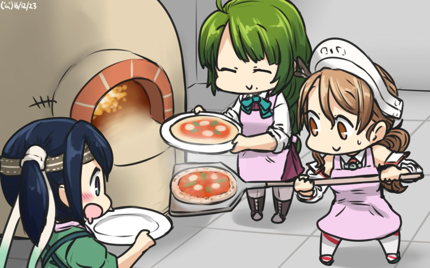 +++ 3girls apron blue_hair brown_eyes brown_hair commentary dated detached_sleeves drooling food green_hair hachimaki hamu_koutarou headband highres kantai_collection littorio_(kantai_collection) long_hair low-tied_long_hair mole mole_under_mouth multiple_girls open_mouth pantyhose pizza plate ponytail souryuu_(kantai_collection) sweatdrop twintails yuugumo_(kantai_collection)