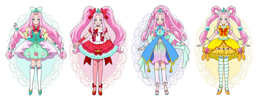 1girl :d alternate_costume bow braid bridal_gauntlets choker closed_mouth cure_felice detached_sleeves dress earrings food_themed_clothes gem gloves green_eyes ha-chan_(mahou_girls_precure!) hair_bobbles hair_bow hair_ornament hair_ribbon hair_rings half_gloves halter_top halterneck hanami_kotoha hat high_heels highres jewelry kagami_chihiro kneehighs lace layered_dress leg_warmers long_hair looking_at_viewer magical_girl mahou_girls_precure! mini_hat mini_witch_hat multicolored_eyes multiple_braids multiple_persona navel open_mouth outstretched_arms pantyhose pink_eyes pink_hair precure red_bow ribbon ruby_style sandals sapphire_style sash simple_background skirt smile solo striped striped_legwear topaz_style twin_braids twintails very_long_hair white_background witch_hat
