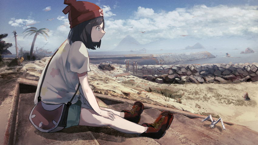 1girl absurdres bag bangs bare_legs beach beanie black_hair blue_eyes blue_sky clouds diglett female_protagonist_(pokemon_sm) floral_print green_shorts handbag hat highres kumamoto_nomii-kun landscape lapras mountain nature outdoors palm_tree pikachu pokemon pokemon_(game) pokemon_sm red_hat sand shirt shoes short_hair short_shorts short_sleeves shorts sitting sitting_on_stairs sky sneakers solo stairs swept_bangs t-shirt tied_shirt tree wingull