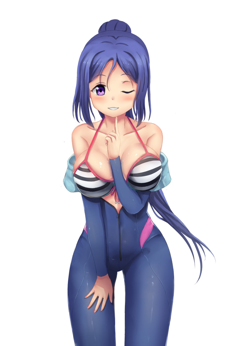1girl bikini blue_hair blush breasts cleavage collarbone eoh_(wjkk) finger_to_chin front-tie_bikini front-tie_top highres large_breasts love_live! love_live!_school_idol_project love_live!_sunshine!! matsuura_kanan off_shoulder one_eye_closed ponytail solo strap_gap striped striped_bikini swimsuit unzipped violet_eyes wetsuit white_background