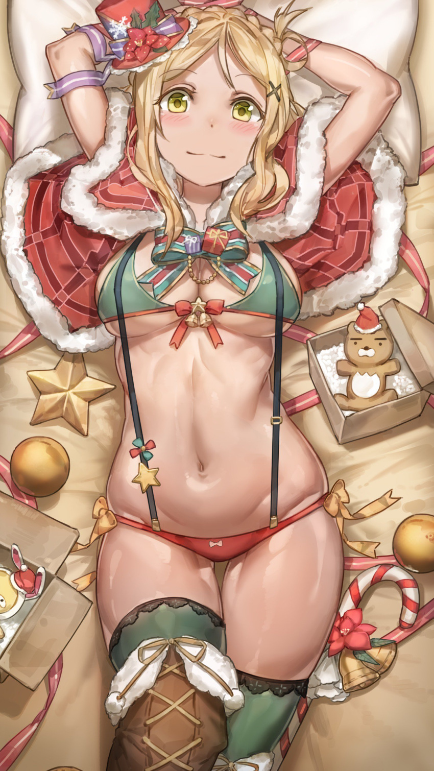 1girl =3 absurdres arms_up bell bikini blonde_hair blush boots box braid breasts candy candy_cane caplet christmas christmas_ornaments cleavage crown_braid food hair_ornament hat highres knee_boots large_breasts looking_at_viewer love_live! love_live!_sunshine!! lying mini_hat mini_top_hat navel ohara_mari on_back pillow ribbon shiny shiny_skin short_hair smile solo star stuffed_animal stuffed_toy swimsuit teddy_bear thigh-highs thigh_gap top_hat under_boob x_hair_ornament yellow_eyes yohan1754